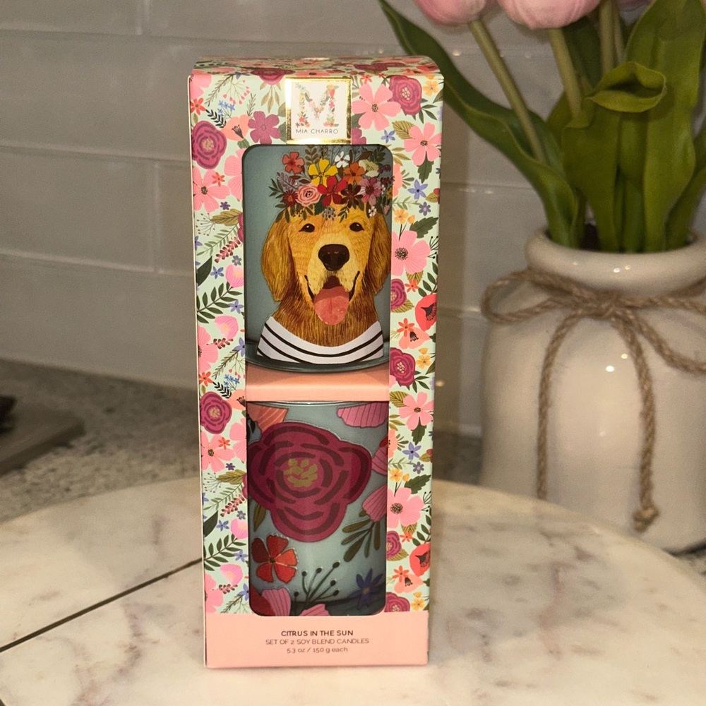 Mia Charro Set of 2 Citrus In The Sun 5.3oz Soy Blend Candle Golden Retriever
